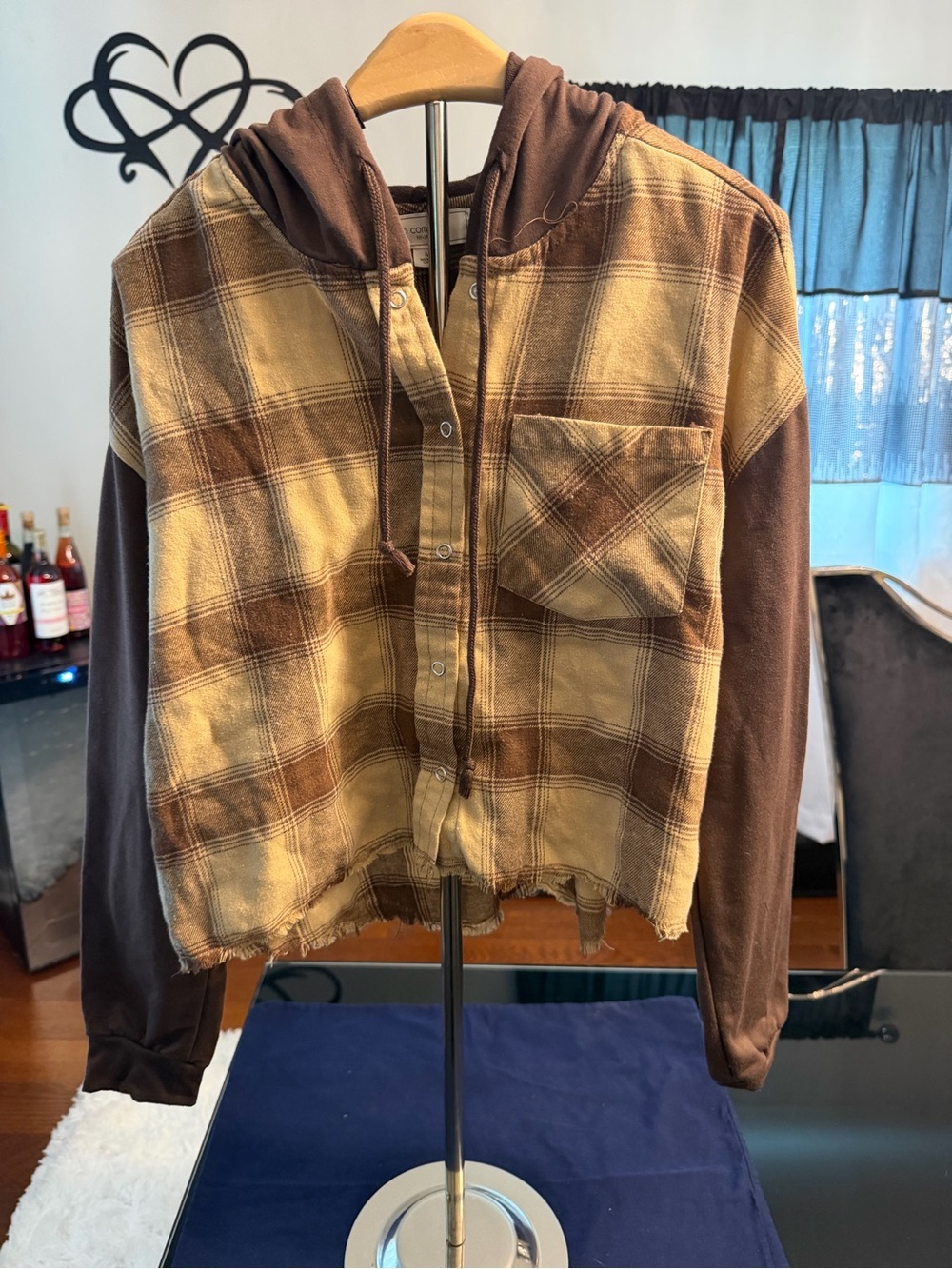 Women’s Brown Plaid Hooded Button-Down Shirt Jacket - Casual Layering Top